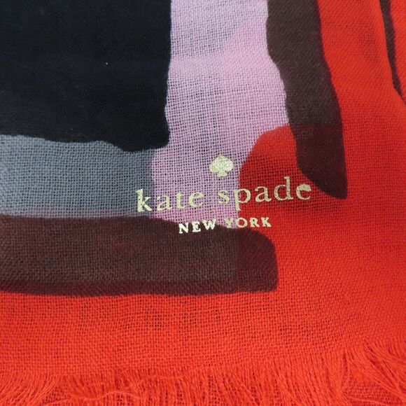 Kate Spade Red Black Geometric Casual Silk Rectangle Scarf Shawl Fringed XLarge - Picture 2 of 6